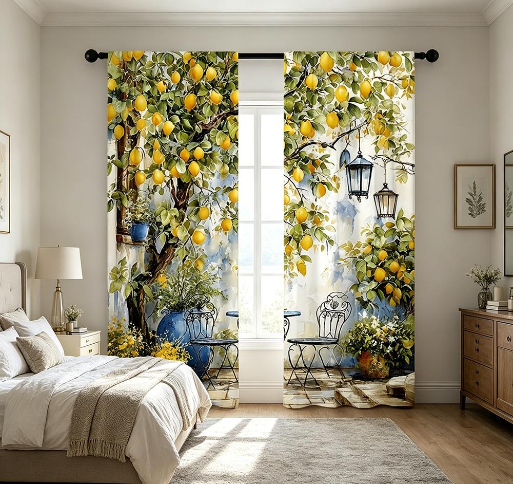 2PCS Digital Printed Curtains with Lemon Courtyard Design, Stylish Window Drapes for Living Room Bedroom Home Decoration