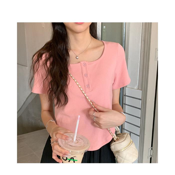 Kurzes T-Shirt für Damen im Sommer Neuer koreanischer Stil Lässig Slim Unterwäsche Student Slim Hohe Taille Student Top