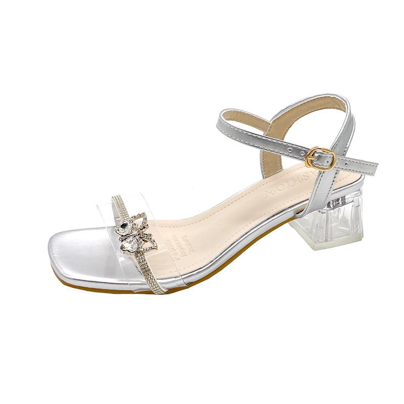 

2025 summer new one-word strap high-heeled sandals women s French sandals women s open-toed rhinestone transparent temperament 40