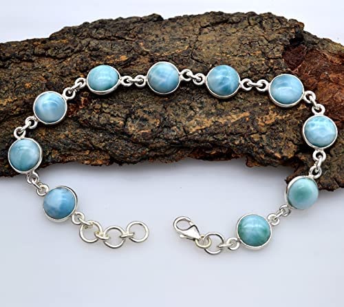 925 Sterling Silver Larimar Bracelet Sky Blue Color Round Cabochon Shape Natural Larimar Link Bracelet Gift for Women (19.77 Cts)