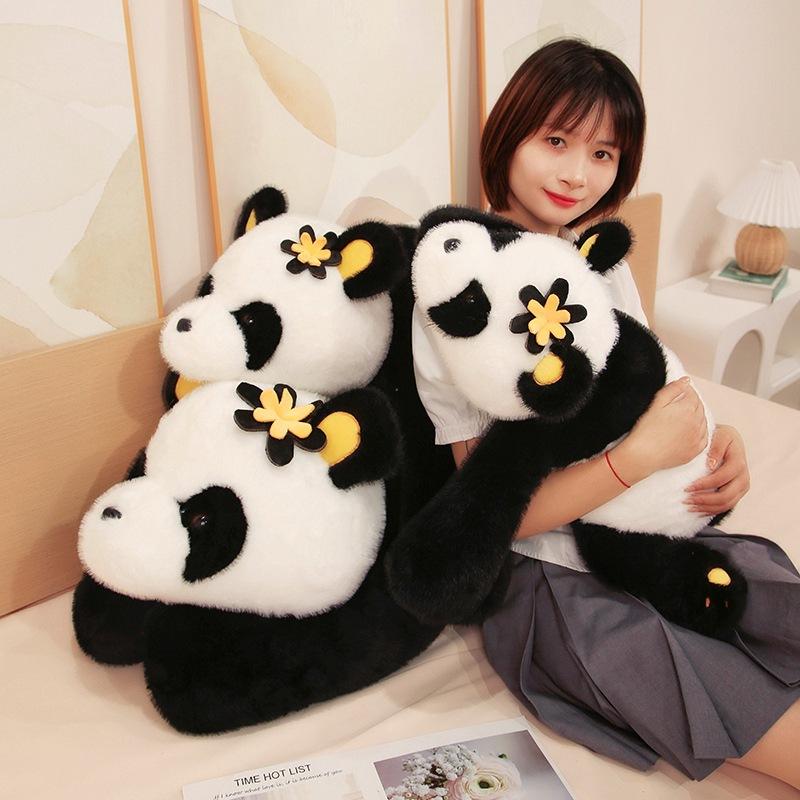 Cute Flower Giant Panda Doll Plush Toy Lying Down Black and White Panda Doll Girl Sleeping Soothing Rag Doll