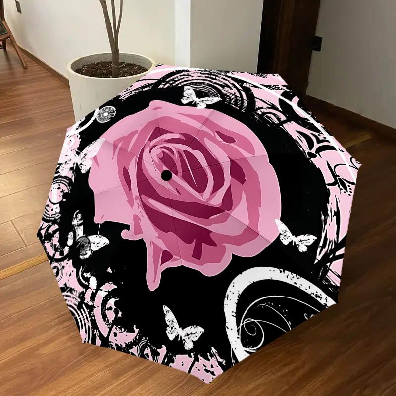 1PC Rose Butterfly Umbrella-8-Rib Reinforced, Automatic Open, Lightweight & Durable, Cute Fashion Accessory for Outdoor-P0701