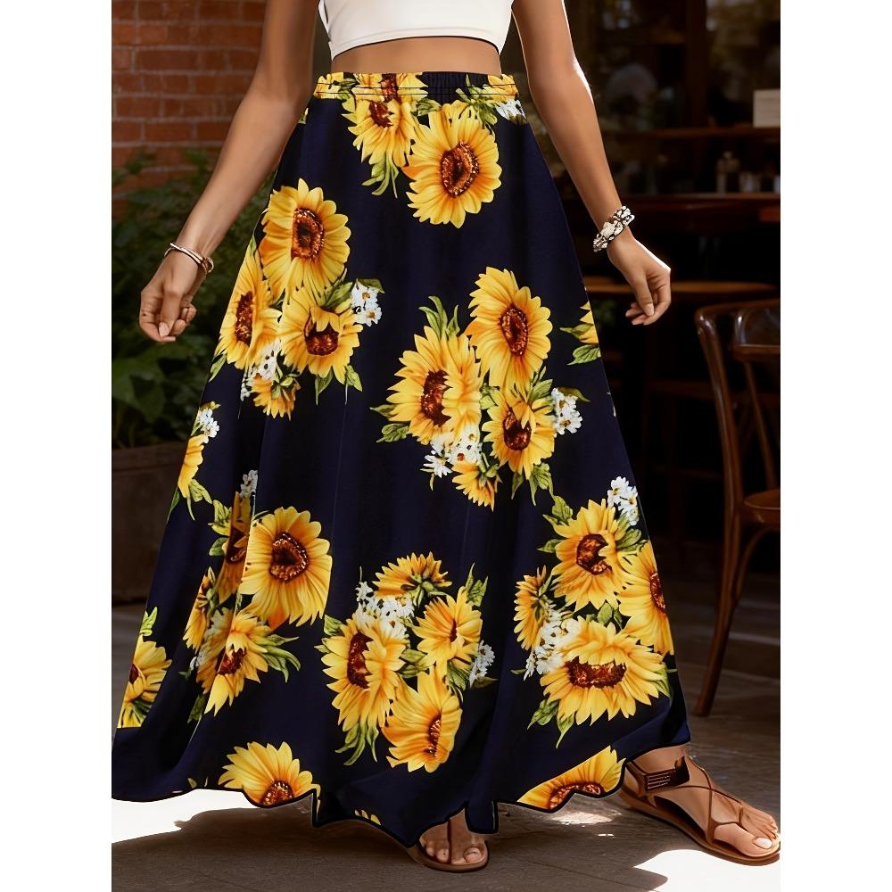 Gonna Lunga Estiva Taglie Forti Donna Stampa Girasole Vacanza Vita Elastica Linea ad A Spiaggia Mezza Gonna