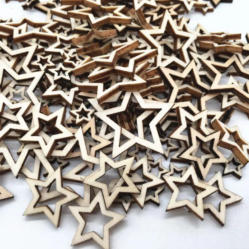 100pcs DIY Handicraft Decoration Wedding Decor Wooden Star Mixed Cutout Discs for Arts Scrapbooking Ornament Crafts
