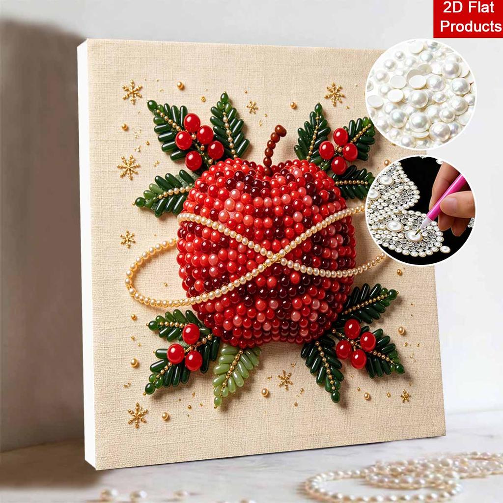 DIY 5D Pearl Painting Kit Framed with Festive Christmas Apple and Holly Design Sparkling Bead Canvas Art Creative Gift for Nursery Room Decor