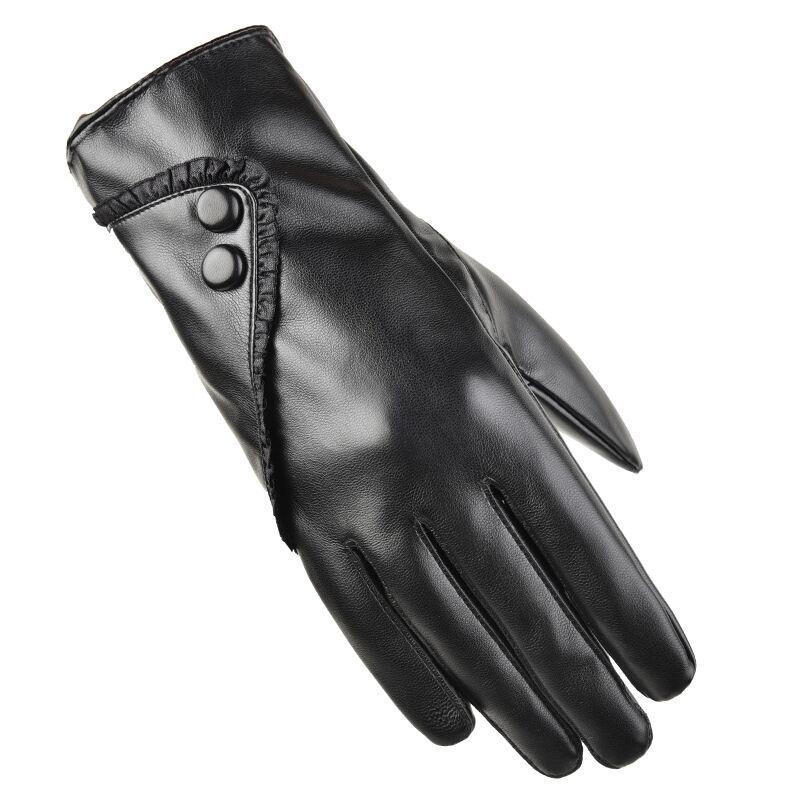 Winter Warmth Plus Velvet Short Thin Touch Screen Driving Women Leather Gloves