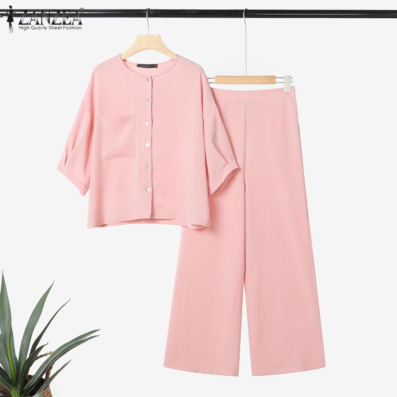 ZANZEA Bluză și pantaloni cu mânecă scurtă pentru femei Seturi de costume casual din două piese