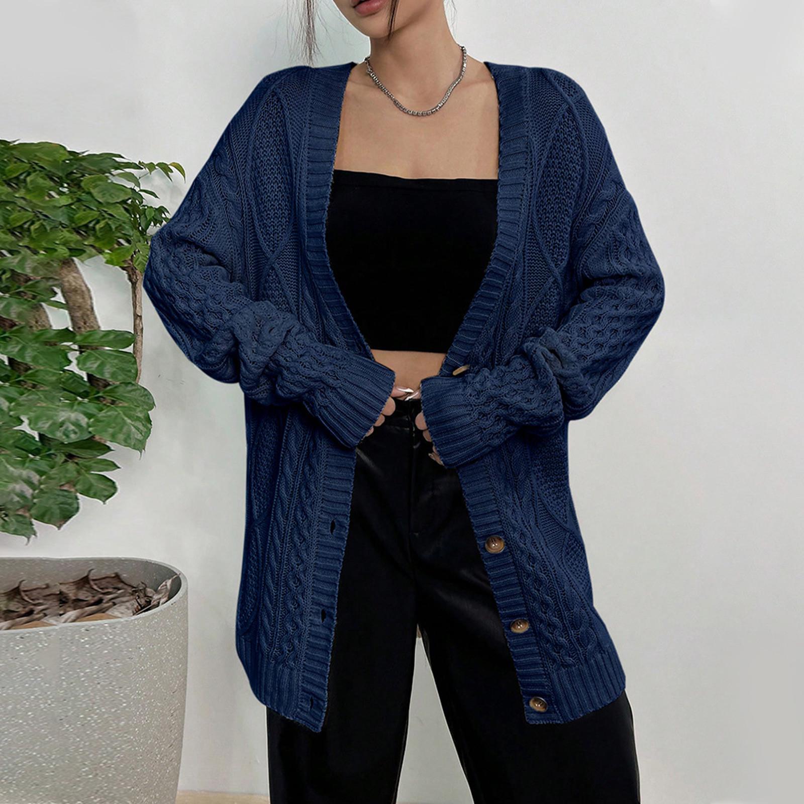 

Женский свитер, куртка, повседневный, свободный, с цветочным узором, с V-образным вырезом, средней длины, вязаный кардиган XL тёмно-синий