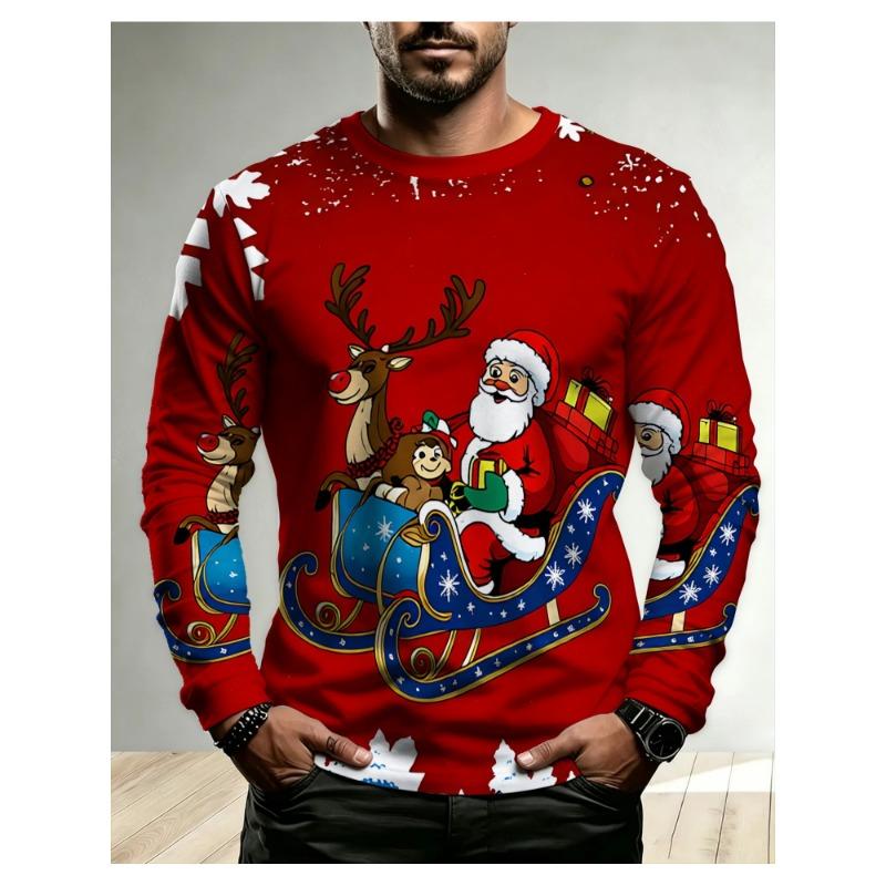 Print Design - Not Textured New Men'S Print Long Sleeve T-Shirt Santa Reindeer Retro Sleigh Forest Snowscape Pattern Casual Long Sleeve Apparel