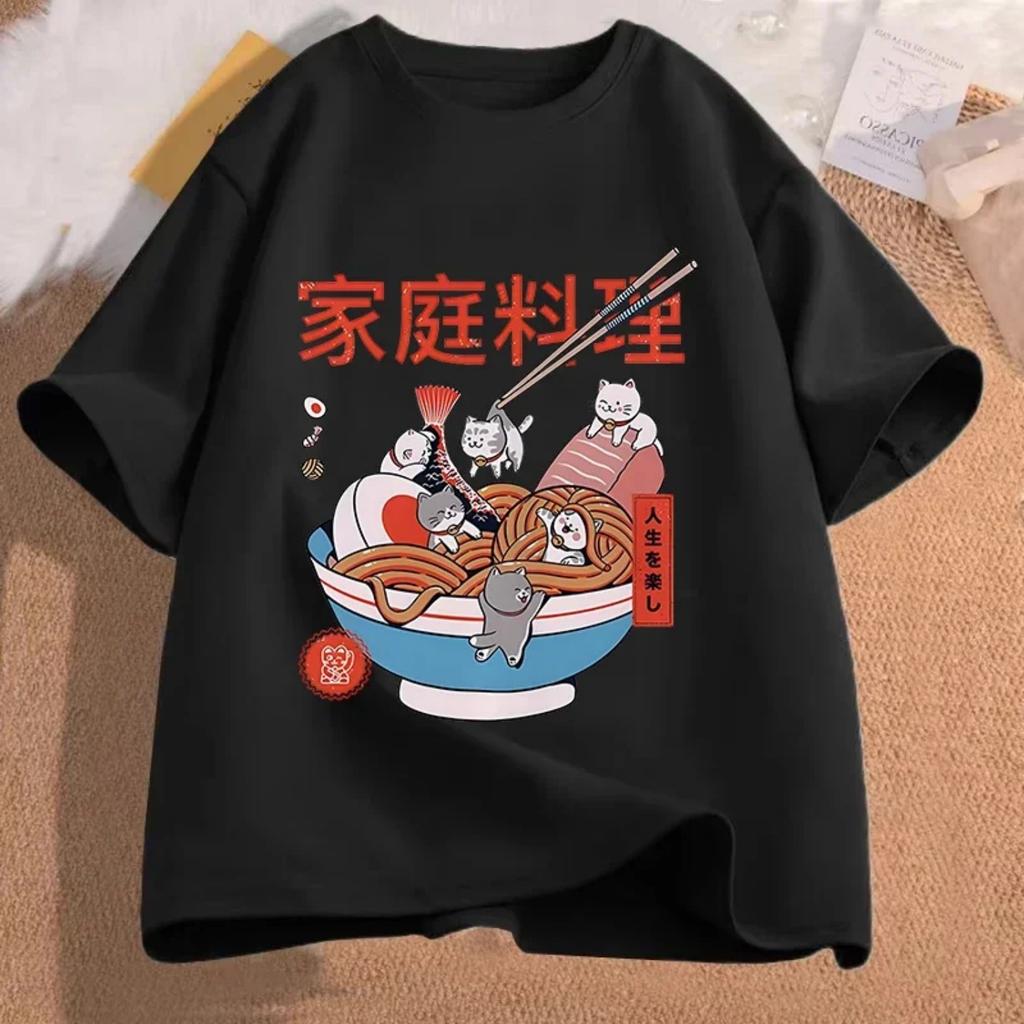 Cute Ramen Cat Food T-shirt Fun Women Harajuku Aesthetic T-shirt Retro Women Streetwear Anime Cartoon Tops Women Clothing Y2K