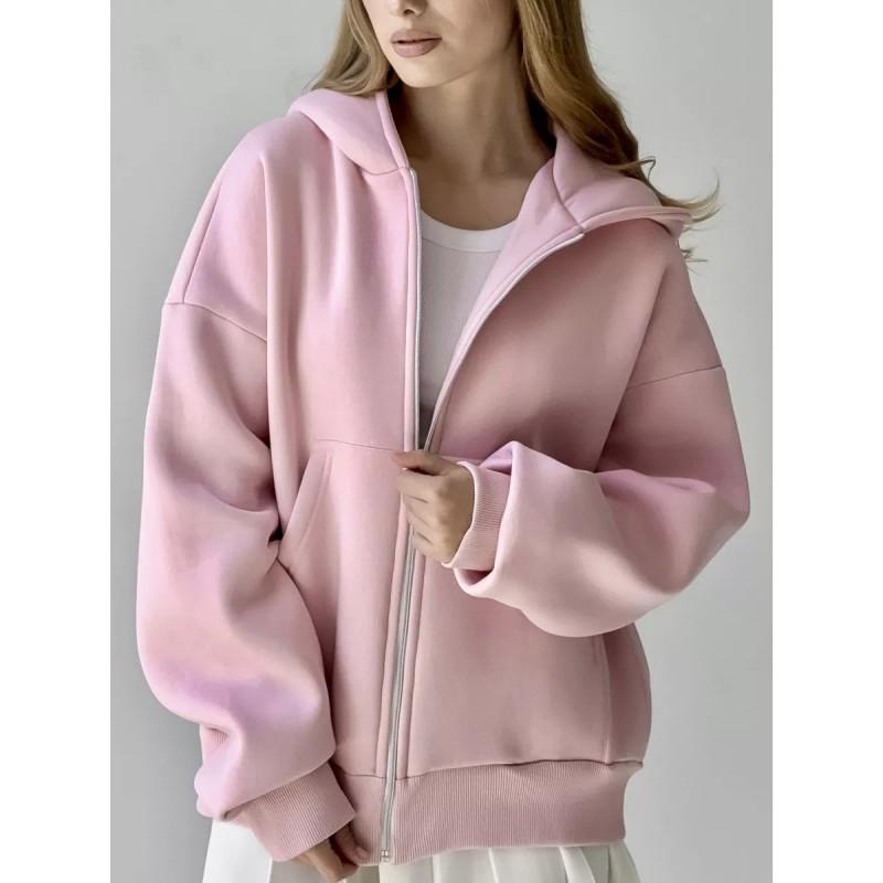 Womens Solid Color Long Sleeve Zip Up Hooded Sweatshirt Loose Fit Casual Streetwear