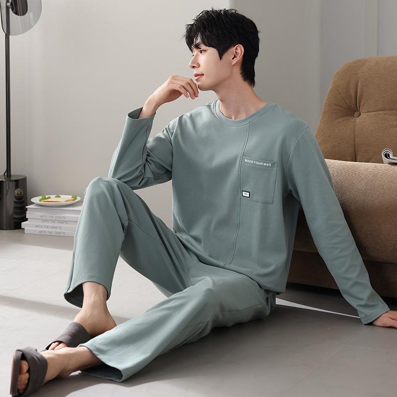 Men'S Pajamas Men'S Spring And Autumn Pure Cotton Long-Sleeved Men'S Autumn Cotton Casual Loungewear Set