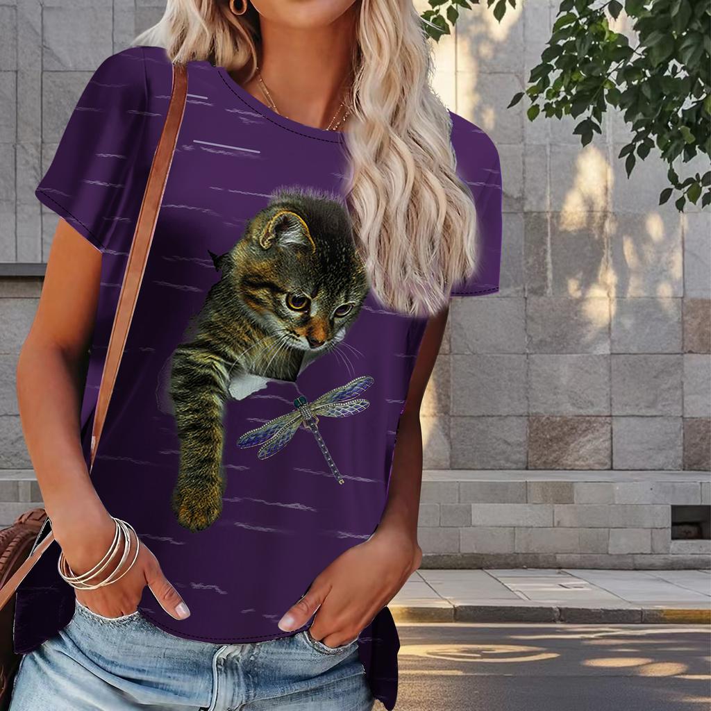 Women Summer T Shirt Kitty Print Retro Fashion Short Sleeve Tees Casual   Printed  Tops