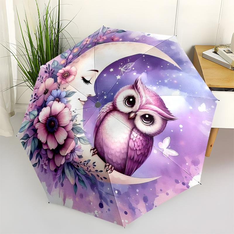 

1pc Moon Owl Pattern Automatic 3-Fold Umbrella, 8 Iron Frames, High-Value Folding Umbrella, Suitable for Office, Travel and Outdoor Adventure.G071