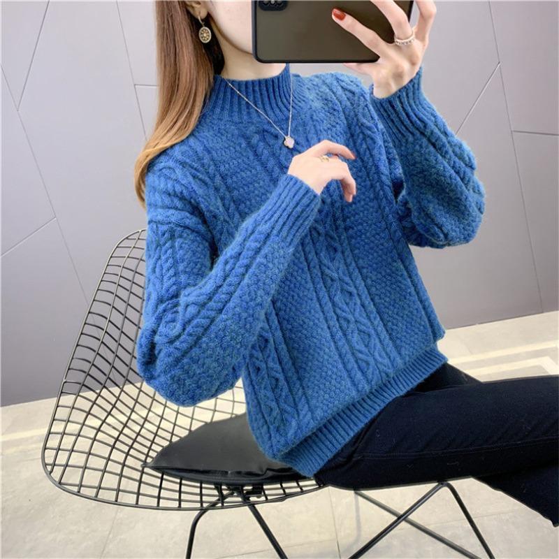 Autumn and Winter New Solid Color Semi-turtleneck Pullover Sweater with Women's Thickened Loose and Thin Bottom Knitted Sweater