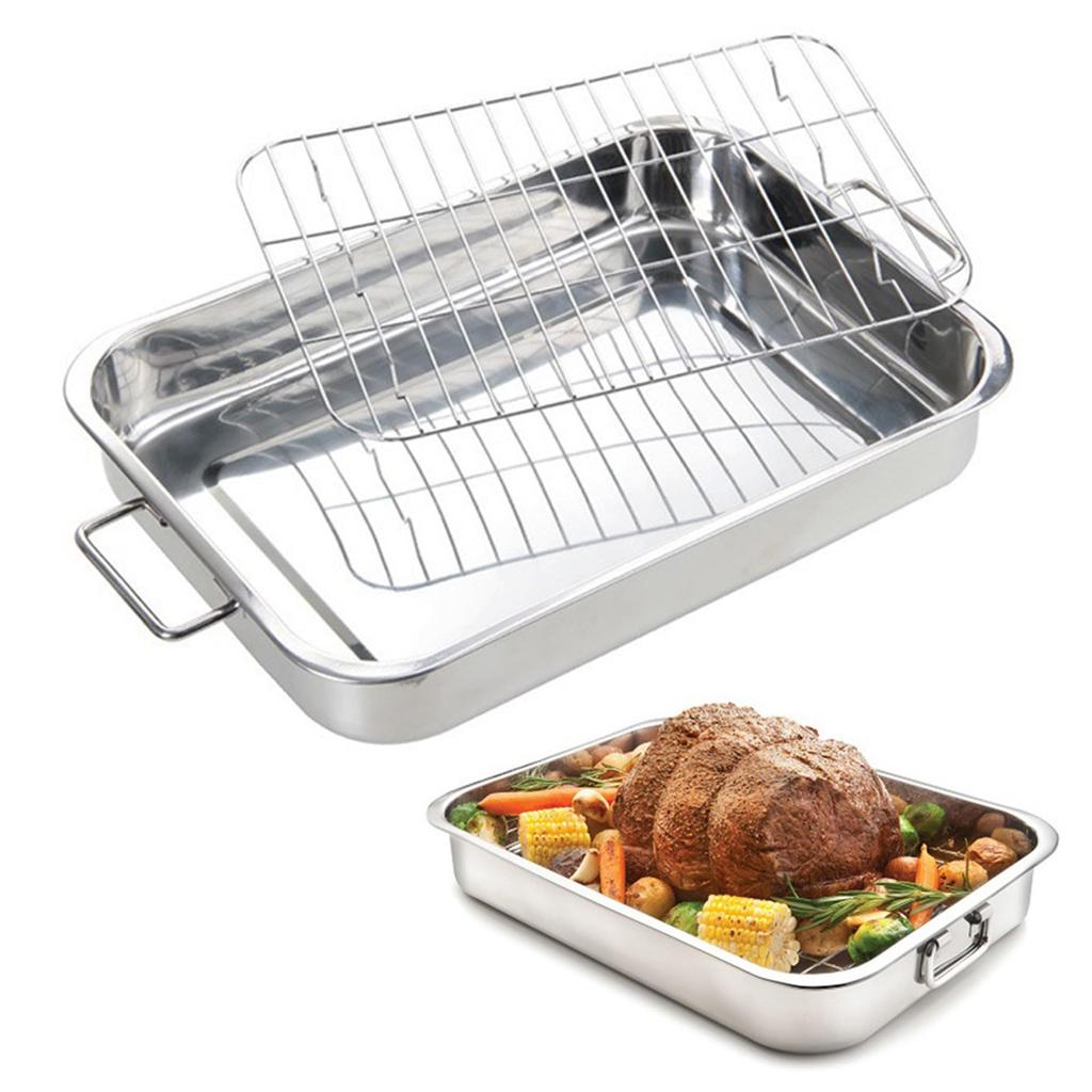 Stainless Steel Non-stick Baking Tray with Grill 15x 11 Inch for Roast Chicken Vegetables Turkey Silver