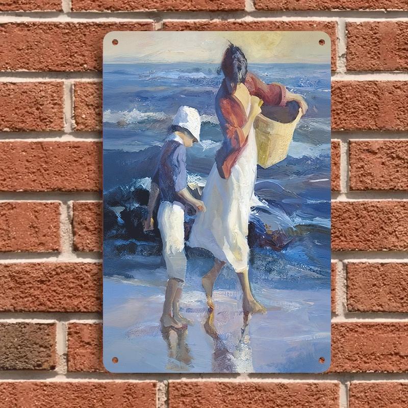 

1 piece. A mother and child strolling on the beach, painted on a metal sheet. Suitable for home wall decoration, living room, en (as the picture,20x30cm)