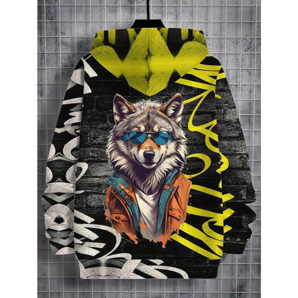 3D Digital Print Wolf Pattern Hooded Sweatshirt for Boys - Graffiti Streetwear, Spring  Autumn Casual Wear