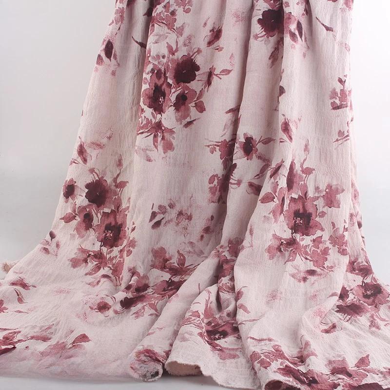 New Ink Print Floral Dress Fabric French Loose Halter Slimming Chinese Style Bubble Skirt Fabric Sewing for Clothes Dresses