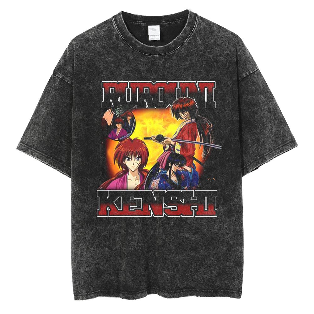 Harajuku Anime Rurouni Kenshin Himura Kenshin Print Tshirt Men Manga Oversized Tshirts Washed Cotton Tee Male Casual T Shirt