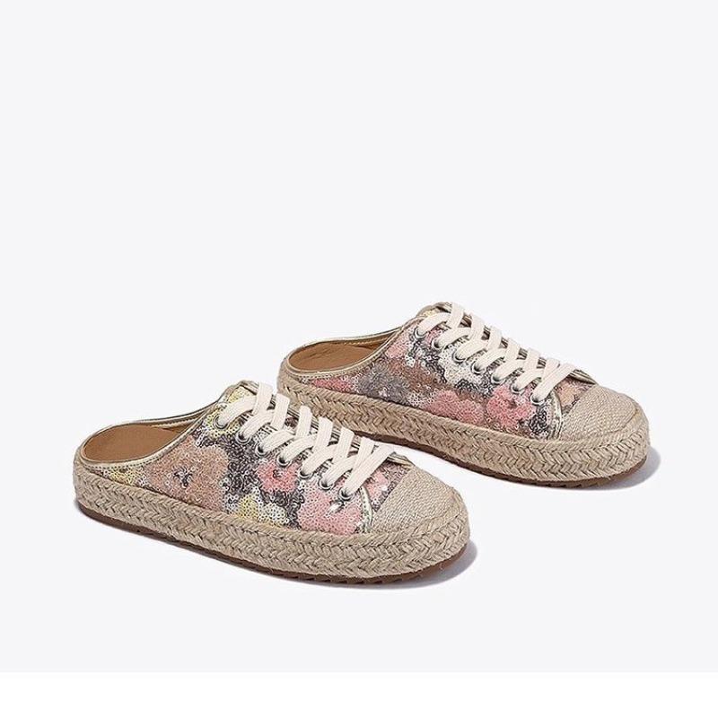 Fashionable Sequined Toe Half-slipper Women's 2025 Summer New Thick-soled Straw Woven Hemp Rope Fisherman's Shoes