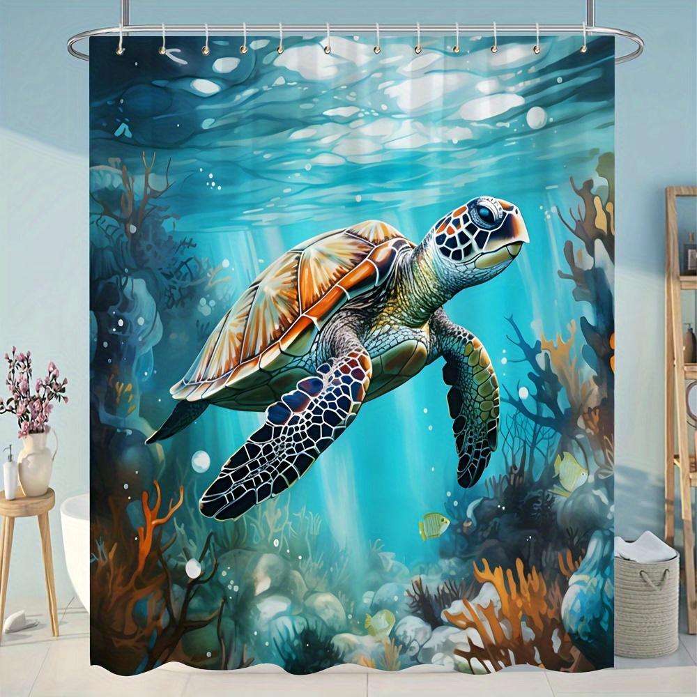 Ocean Turtle Watercolor Art Shower Curtain - Underwater World Landscape, Washable Polyester With Hooks Included, Blue Bathroom