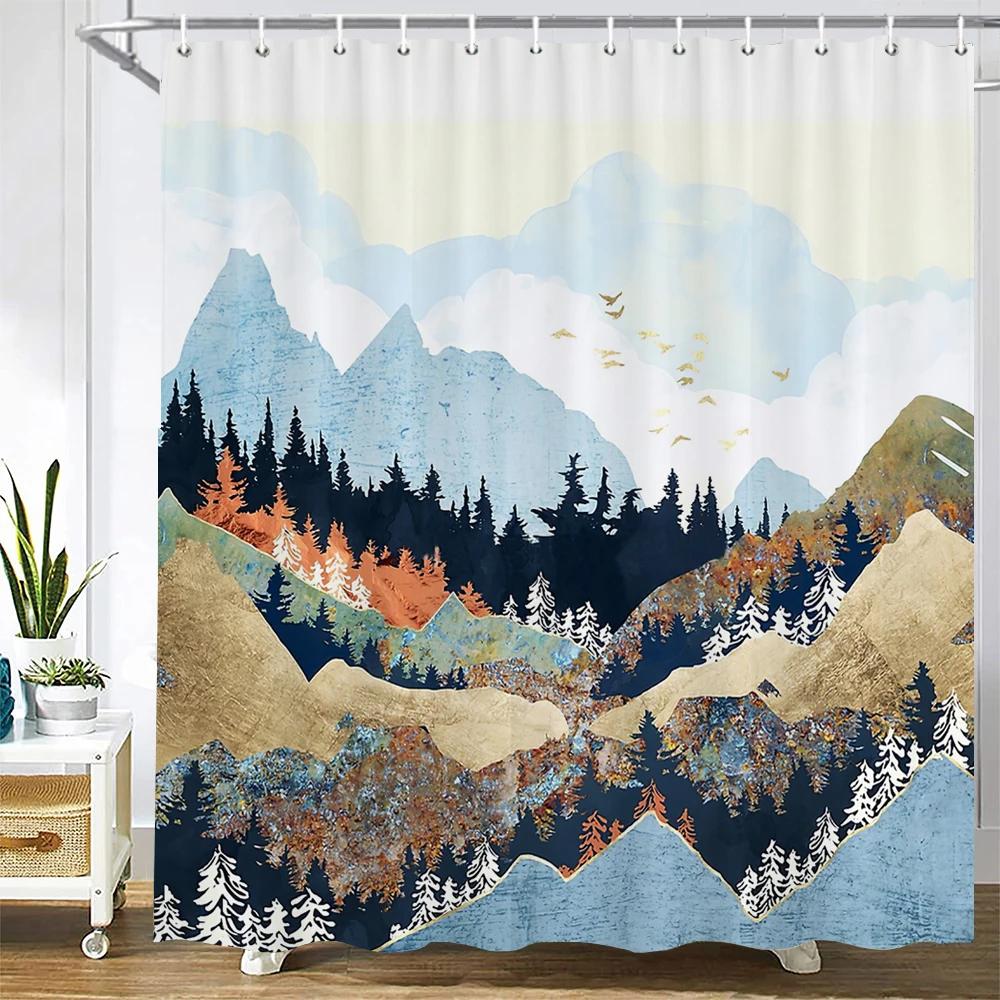 Japanese-style Shower Curtain 3d Ink Painting Bathroom Curtain Waterproof  With Hooks 180*240CM Shower Curtain Polyester Fabric