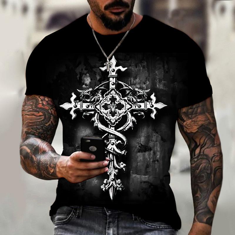

Summer Round Neck 3D Cross Print Top Fashionable Casual Short Sleeved Men s T-shirts XS
