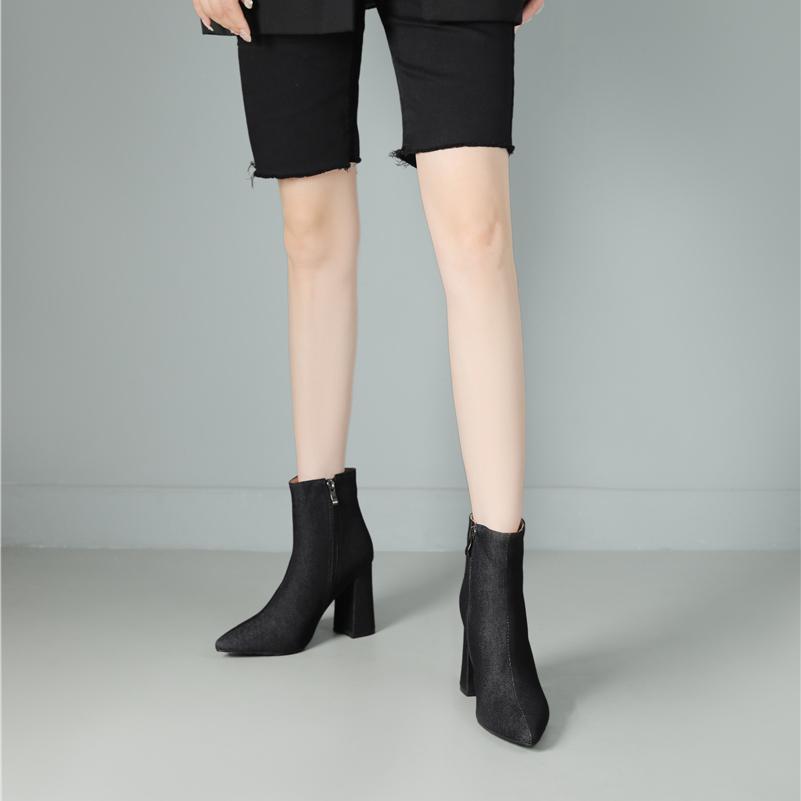 FOREADA Damen Stiefeletten Spitz Zehenbereich Klobige Hohe Absätze Reißverschluss Denim Kurze Stiefel Damenmode Herbst Winterschuhe Dunkelblau 43
