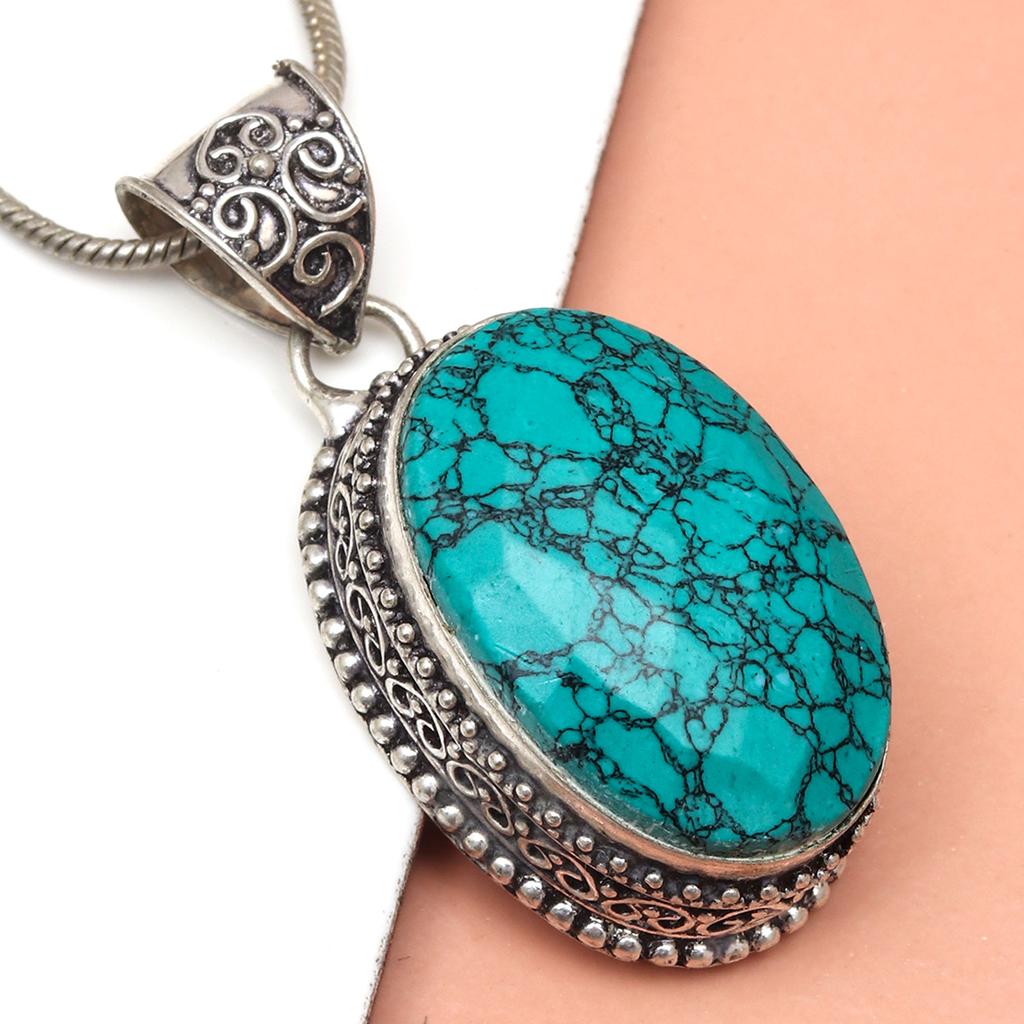 Silver Tibetan Turquoise  Gemstone Jewelry 1.75" Pendant Handmade 1.75''