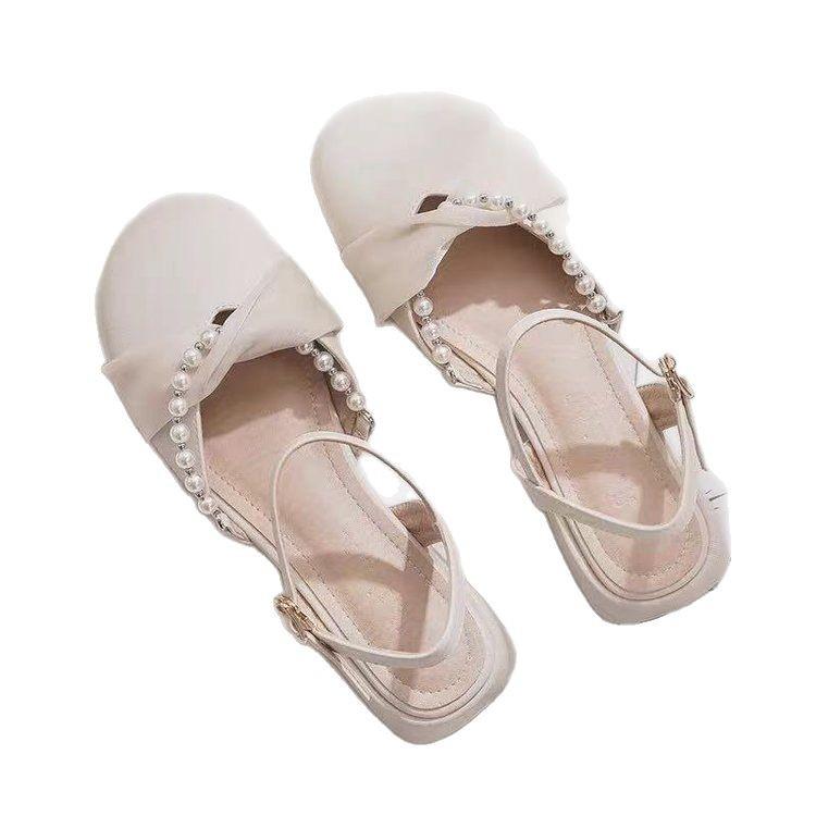 2025 Summer New Internet Celebrity Explosion Fashion Low Heel Flat Bottom with Skirt Shoes Bag Head Sandals Fairy Style