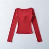 Korean Square Neck Slimming Long Sleeve T-Shirt with Chest Pads and Waist-Cinching Design for Women - Spring/Autumn