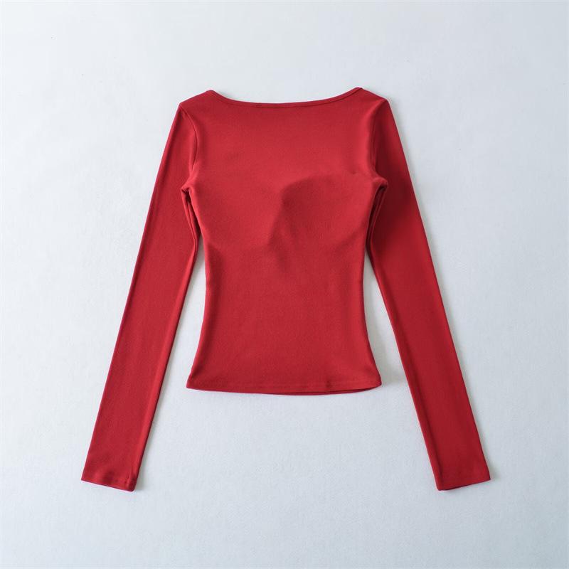 Korean Square Neck Slimming Long Sleeve T-Shirt with Chest Pads and Waist-Cinching Design for Women - Spring/Autumn