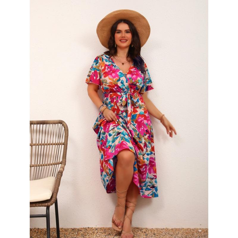 Waist-slimming Lace-up A-line Floral Dress