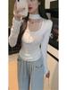Koreanischer Stil Neckholder Quadratischer Ausschnitt T-Shirt für Damen - 2025 Herbst/Winter Amerikanische Nische Einfarbig Spitze Patchwork Trendiges Oberteil