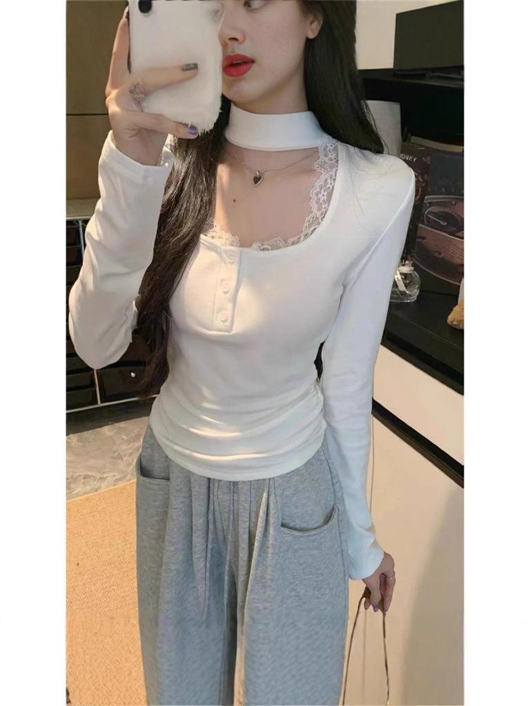Koreanischer Stil Neckholder Quadratischer Ausschnitt T-Shirt für Damen - 2025 Herbst/Winter Amerikanische Nische Einfarbig Spitze Patchwork Trendiges Oberteil