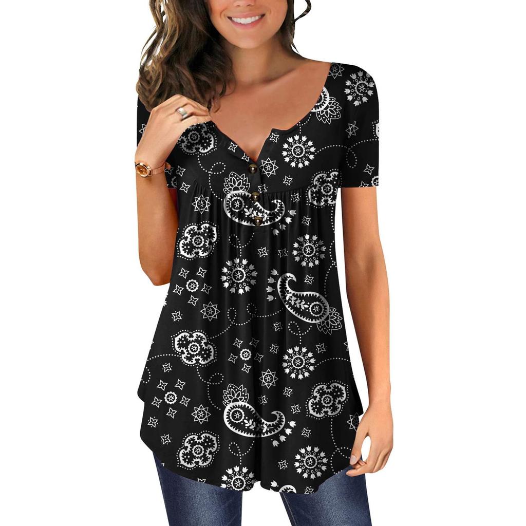 Women's V-neck Floral Print Button Flower Short Sleeve T-shirt Top
