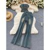 American Retro Denim Tube Top Bootcut Pants Beaded