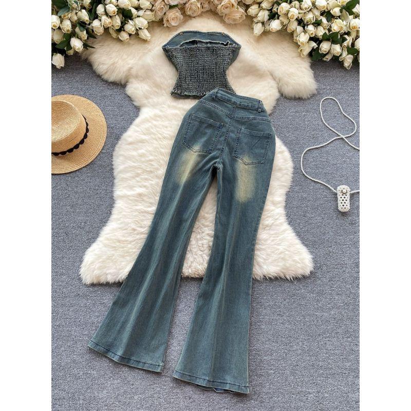 American Retro Denim Tube Top Bootcut Pants Beaded