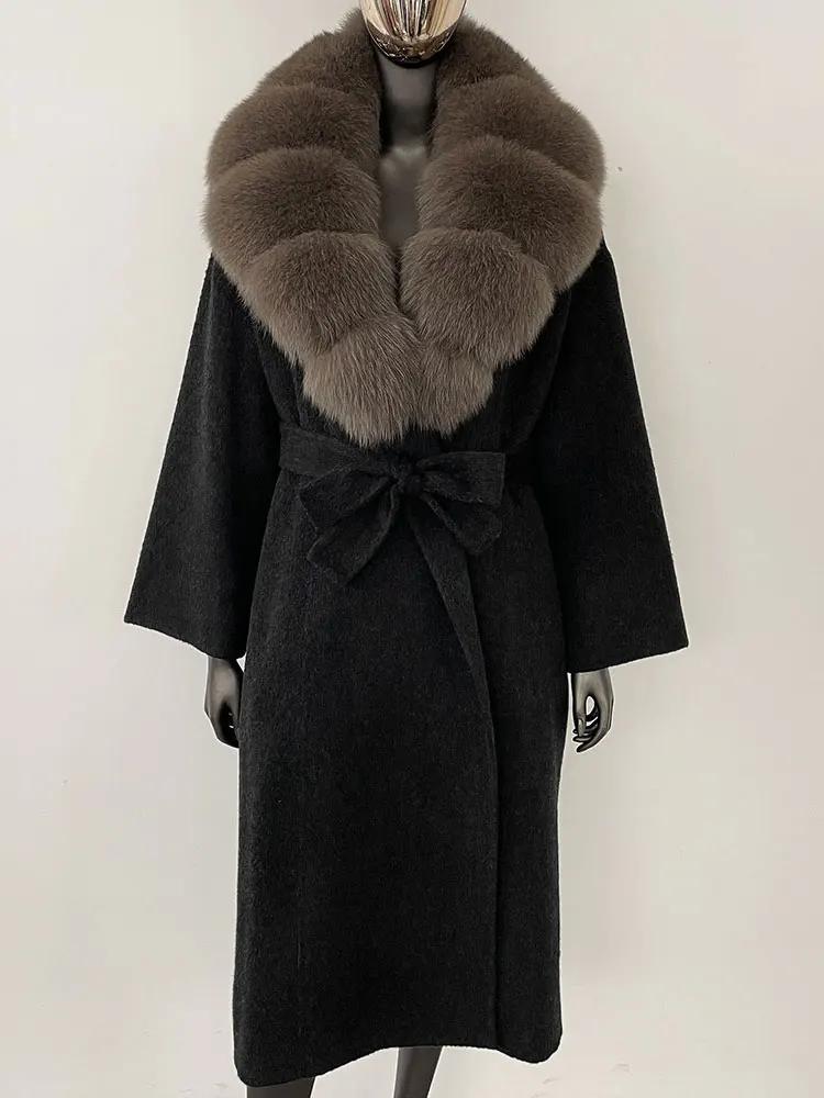 OFTBUY Kabát z pravé kožešiny 2024 Nadměrný dámský svrchní oděv Zimní dámská bunda s límcem z přírodní liščí kožešiny Kapuce Kašmírová vlněná směs Kabát