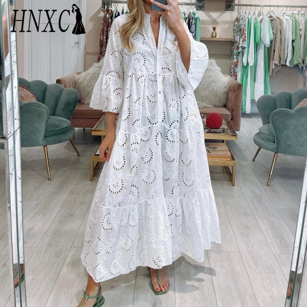 

HNXC 8 цветов S-5XL Женская мода Лето Весна Однотонный принт Рукав 3/4 V-образный вырез Повседневные платья S белый