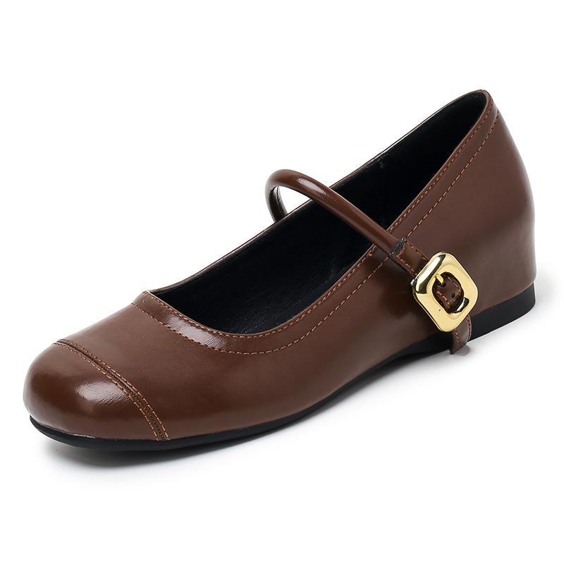 

New versatile small leather shoes inner height increase work shoes high heels single shoes shallow mouth one word buckle Mary Jane women s shoes 39 коричневый