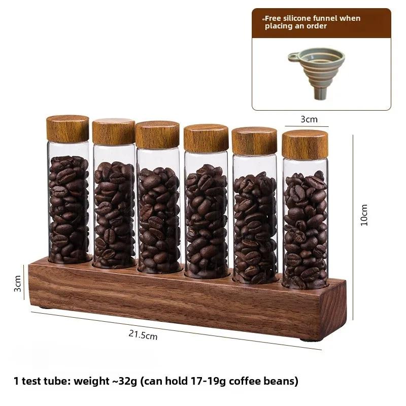 Coffee Bean Storage Tubes with Wooden Stand and Lids, Dosing Glass Vials for Coffee Storage, Espresso Bean Canisters Cellars Set