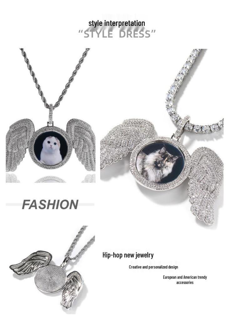 Cross-Style Rhinestone Wing Photo Frame Pendant Necklace - European American Hip Hop Fashion