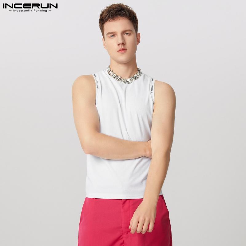 INCERUN Men Round Neck Sleeveless Print Patchwork Rib Sport Summer Tank Tops
