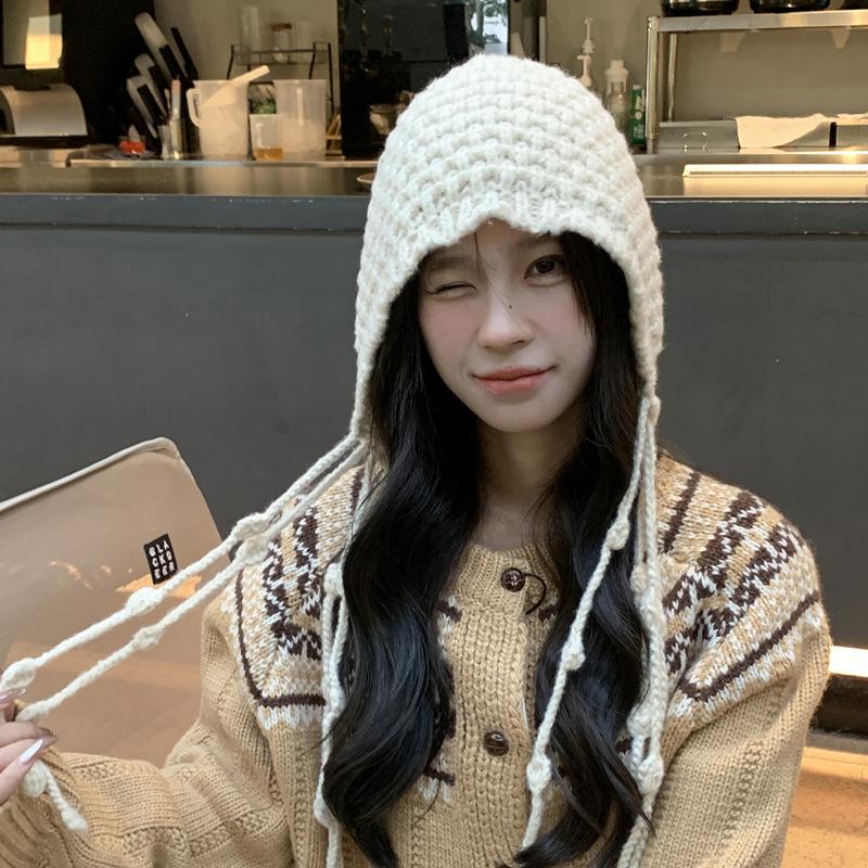 Autumn and Winter Women's Big Head Circumference Bag Hat Shows a Small Face, Thickened Ear Protection Warm Hat, Hand-woven Fringed Knitted Hat