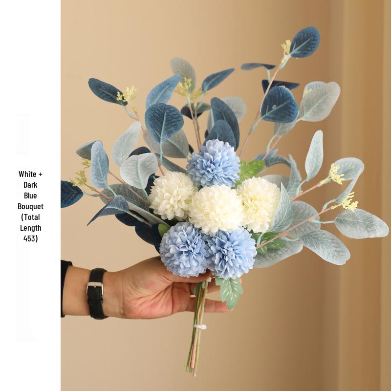 Eucalyptus Ball Chrysanthemum Bouquet in Ceramic Vase - Artificial Dried Flowers for Living Room or Dining Table Decor