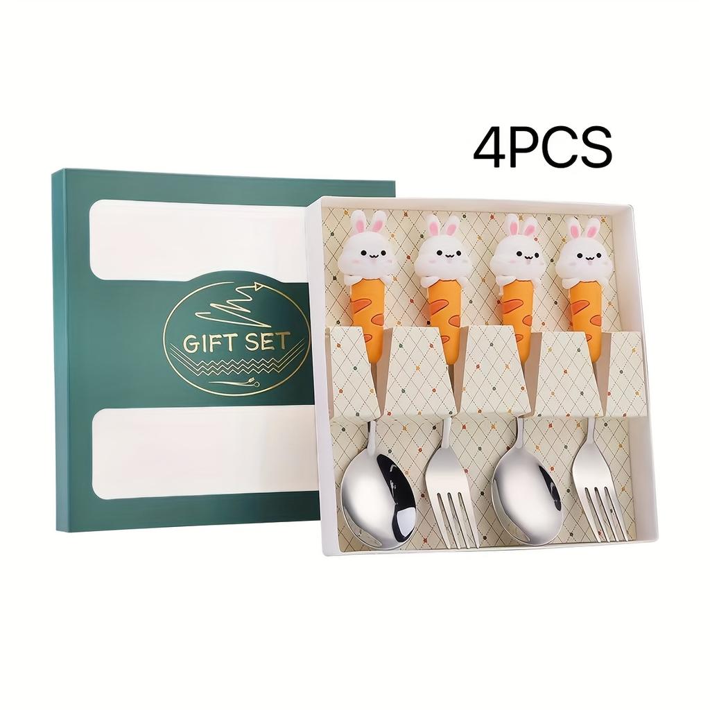 4pcs Cute Rabbit Gift Stainless Steel Spoon Fork Cutlery Set with Adorable Cartoon Bunny Figurine Gift Box