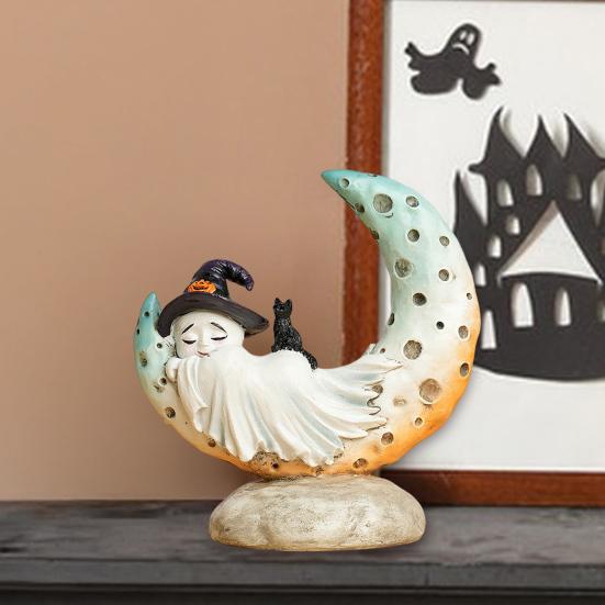 Sleeping Ghost On A Moon Statue Halloween Ghost Sleeping Figurine with Black Cat Cute Resin Ghost Sculpture for Home Tabletop Shelf Decor