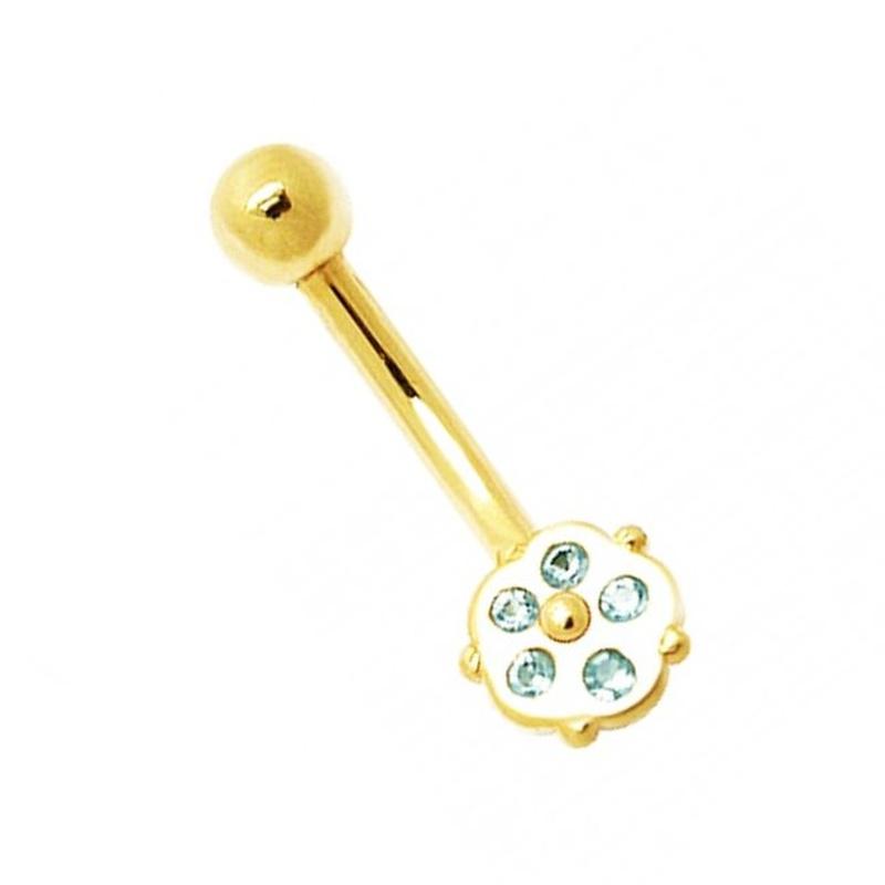14K Gold Jeweled Tiny Flower Banana Bar Navel Ring - Quality Heart